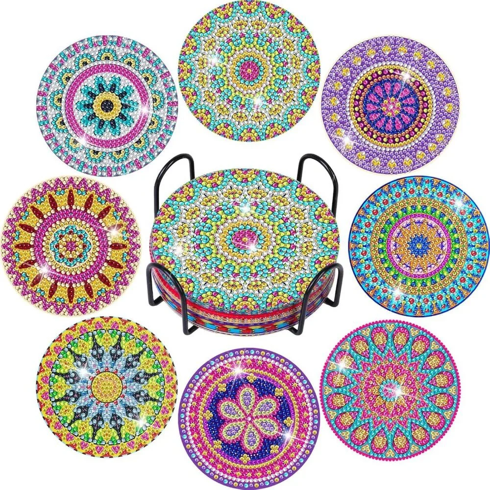 Diamond Painting Coasters Kit, 8 Pieces Mandala with Holder, DIY Art for Beginne
